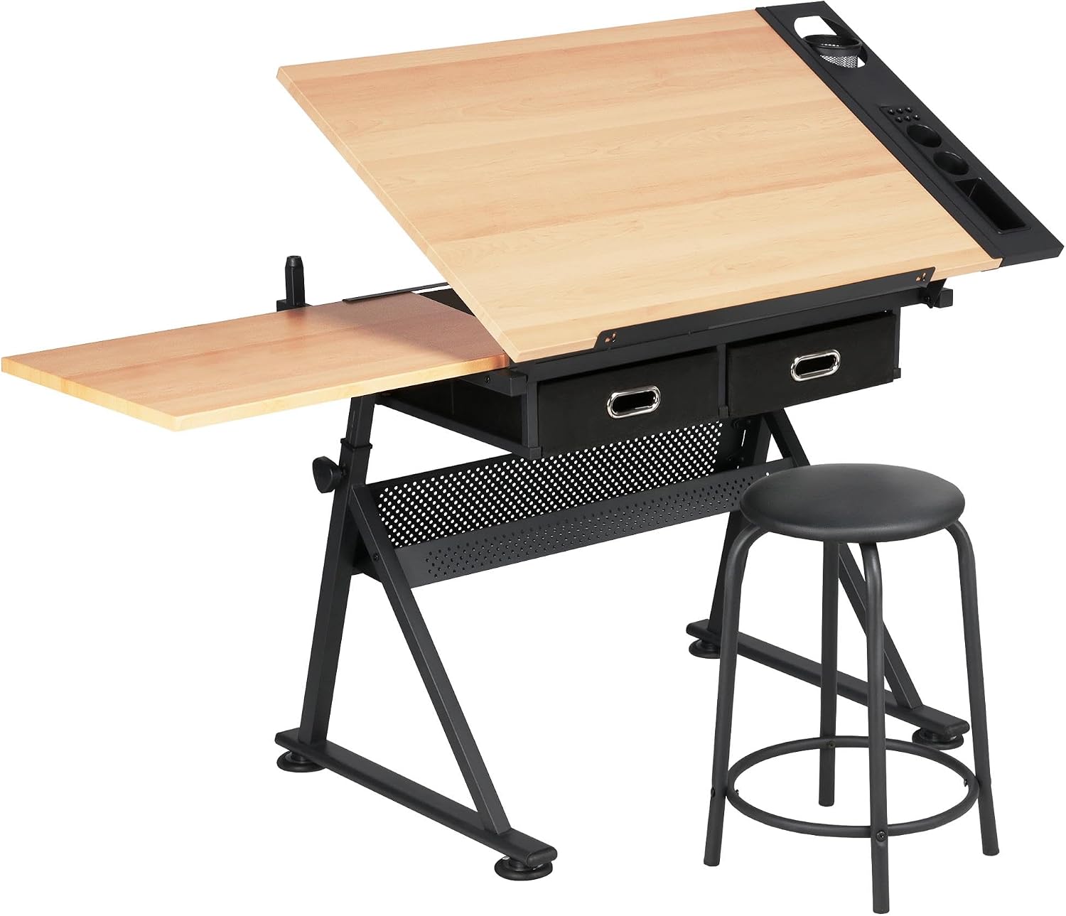 Office Stool - โต๊ะเขียนแบบปรับระดับได้พร้อมเก้าอี้เข้าชุด, โต๊ะวาดภาพปรับเอียงได้พร้อมลิ้นชักเก็บของสำหรับโฮมออฟฟิศหรือสตูดิโอ, เฟอร์นิเจอร์ศิลปินสไตล์โมเดิร์น, สีไม้, ชุดสองชิ้น