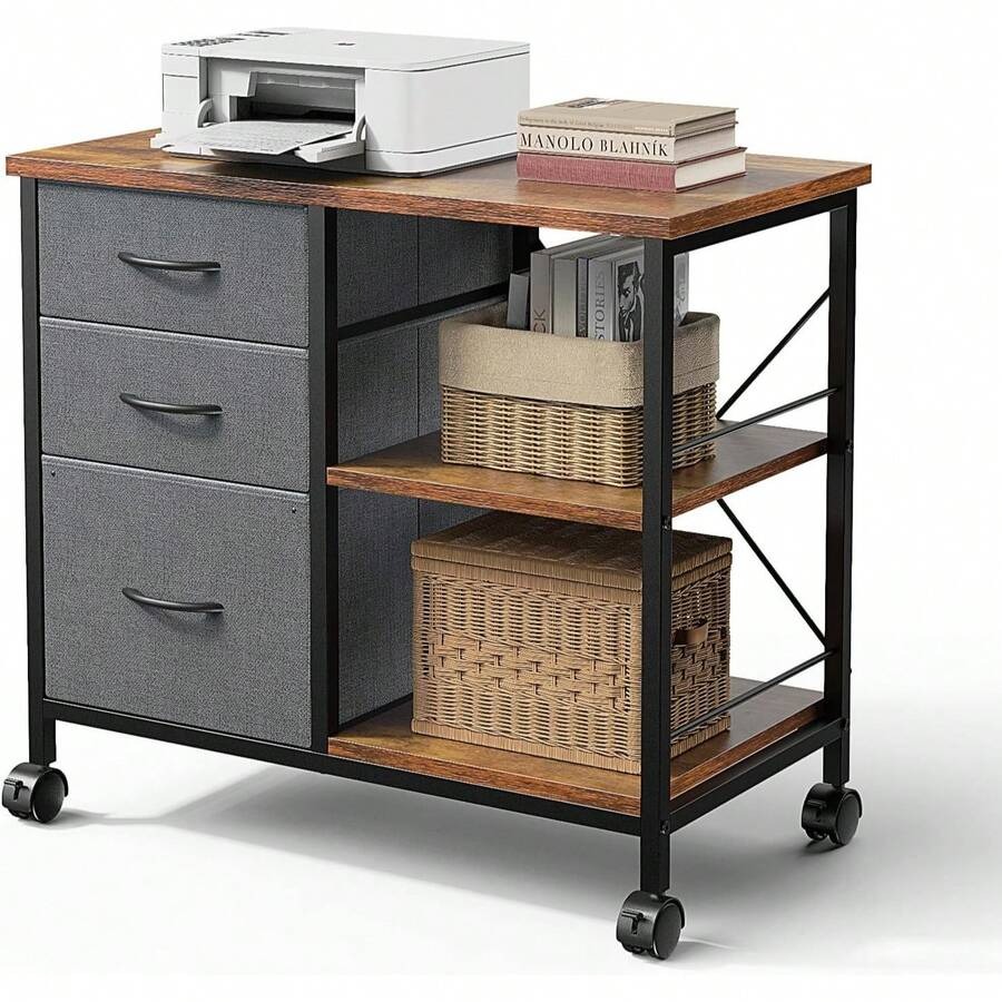 Printer Stand - ตู้เก็บเอกสารแบบเคลื่อนที่ 3 ชั้น Sweetcrispy, แท่นวางเครื่องพิมพ์พร้อมที่เก็บของ, โต๊ะทำงานพร้อมลิ้นชักและราวรองหลัง,
