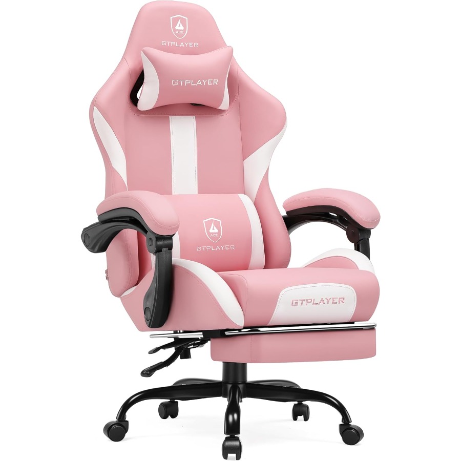 Office Chair Cushion - เก้าอี้เกมมิ่งพร้อมที่พักเท้าและเบาะรองนั่งแบบสปริง, เก้าอี้คอมพิวเตอร์พนักพิงสูงตามหลักสรีรศาสตร์สำหรับใช้ในบ้านและสำนักงาน, วัสดุหนัง PU, สีชมพู, E