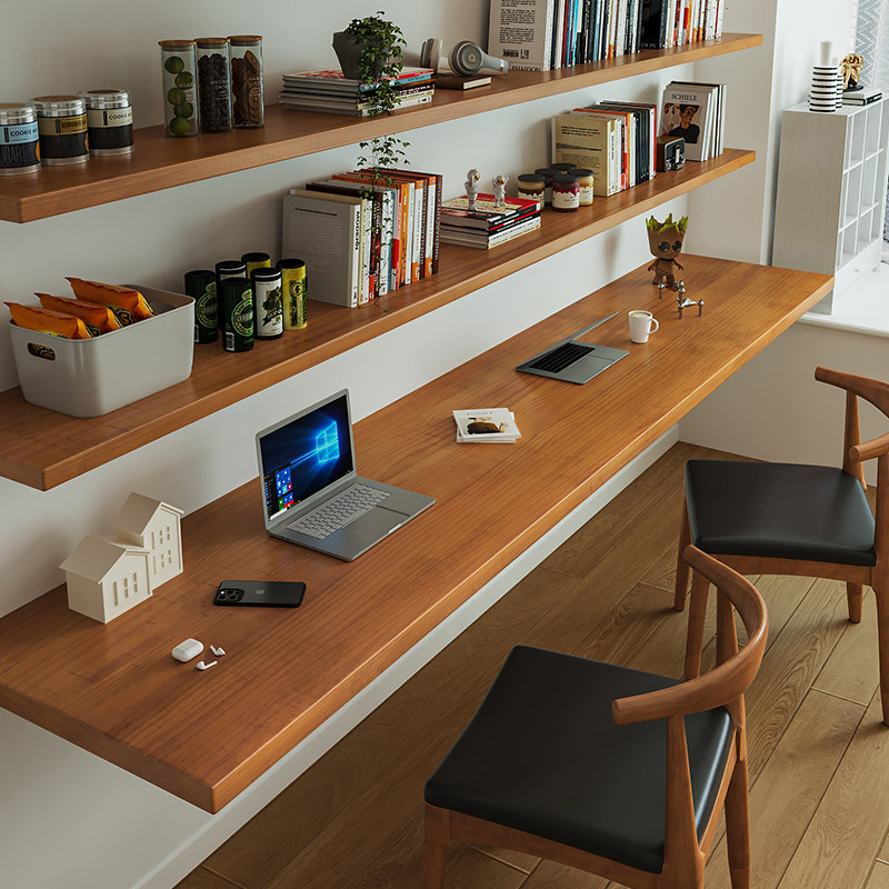 Bookshelf - โต๊ะทำงานไม้เนื้อแข็งสไตล์นอร์ดิกพร้อมชั้นวางหนังสือ ดีไซน์ทันสมัย โต๊ะคอมพิวเตอร์ติดผนังแบบลอยตัว เฟอร์นิเจอร์ห้องนอน/ห้องทำงาน FYFD