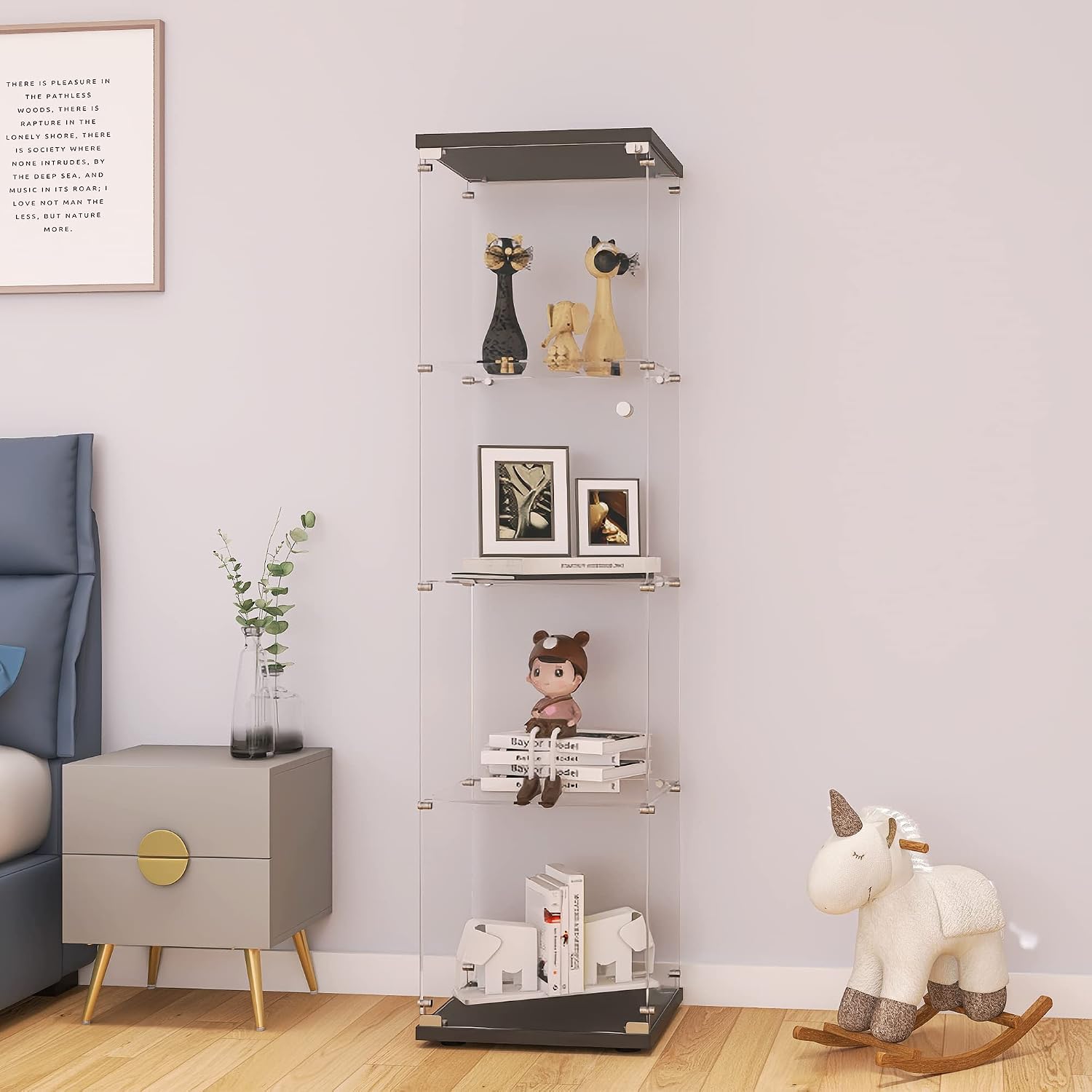 Bookshelf - ตู้โชว์กระจกพร้อมกุญแจล็อค 4 ชั้น ประตูเดียว ตู้โชว์กระจกนิรภัย ตู้โชว์ของสะสม