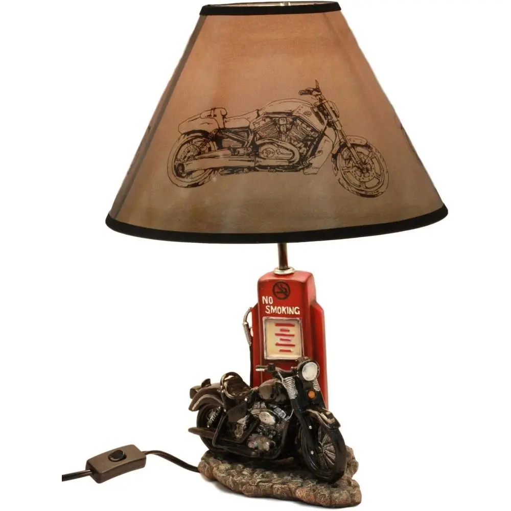 Desk Lamp - โคมไฟตั้งโต๊ะรูปปั๊มน้ำมันรถมอเตอร์ไซค์สีดำสไตล์วินเทจเรโทร พร้อมโคมไฟ ขนาดสูง 19 นิ้ว ตกแต่งบ้านธีม