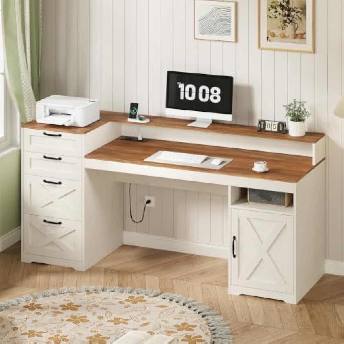 โต๊ะทำงานไม้สังเคราะห์สีขาวสไต - Printer Stand บทวิจารณ์และราคา